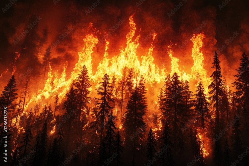 Poster a dense forest consumed by a massive wildfire with flames towering above the treetops, suggesting a 