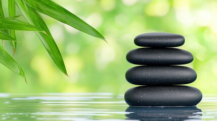 Fototapeta premium Stack Of Black Stones On Calm Water With Bamboo Leaves