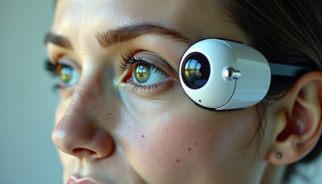 A girl with a device on her face in the form of a built-in camera for tracking and analyzing eye and head movements in video games, educational programs, or professional vision diagnostics.