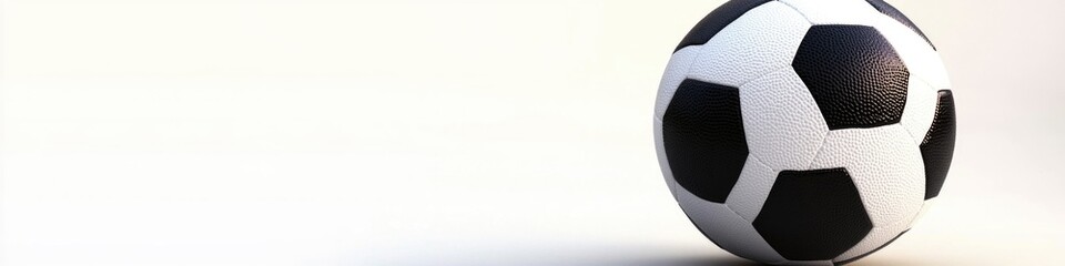 A black and white soccer ball sits on a white surface, ready for play