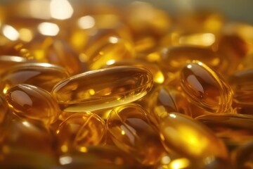 A stack of fish oil capsules sitting on top of each other, great for health and wellness related concepts