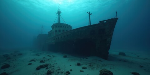 Fototapeta premium A haunting underwater view of a shipwreck, showcasing the mysteries of the deep sea and the remnants of maritime history.