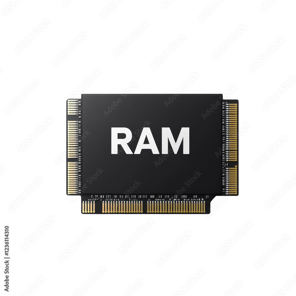 Poster A close-up image of a black RAM memory module, showcasing its gold connectors and the word RAM prominently displayed.