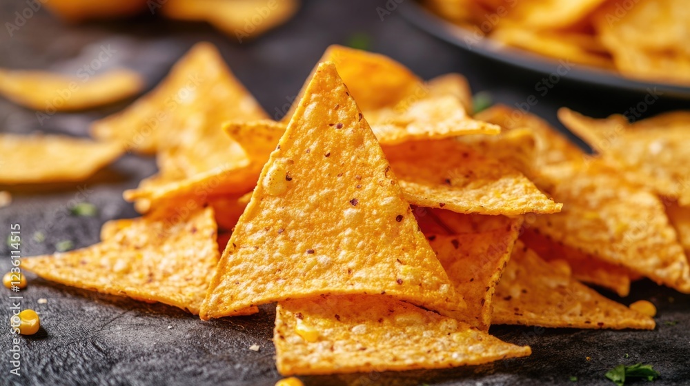 Poster A stack of crispy tortilla chips sitting on a flat surface, ready to be enjoyed