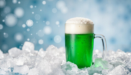 Chilled green beer mug in icy surroundings, winter adventure