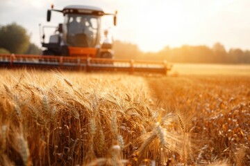 Fototapeta premium A combine harvester operating in a wheat field, collecting and processing crops