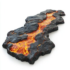 Obraz premium Lava river flowing through a dark volcanic landscape, centered on a clean white background