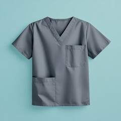 A close-up of a grey scrub top with a pocket on a blue background, suitable for medical or healthcare use