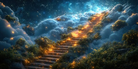 Obraz premium Mystical Celestial Staircase Ascending Into the Clouds Surrounded by Twinkling Lights and Lush Greenery in a Dreamlike Atmosphere
