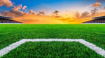 Obraz premium Sunset Soccer Field Panorama Lush Green Grass, Stadium Seating and Vibrant Sky