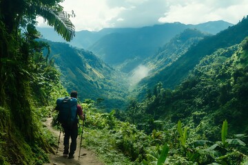 Fototapeta premium Majestic Mountain Hiking Trail in Lush Jungle