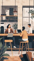 Three People Working Together In A Modern Cafe
