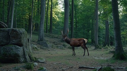 Majestic stag stands in sun-dappled forest clearing near ancient stones