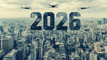 Futuristic Urban Landscape with Drones and Large Number 2026 Over Cityscape in Dramatic Sky