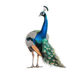 Obraz premium Majestic Indian Peacock Bird Stunning Feathers Vibrant Blue Green Colors Isolated transparent background Detailed Portrait Wildlife Photography Nature 