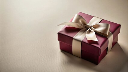 Fototapeta premium A luxuriously wrapped burgundy gift box with a delicate gold satin bow, adding a touch of elegance to any occasion.