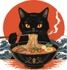 Black cat with striking orange eyes eating ramen from large bowl. Generative AI.