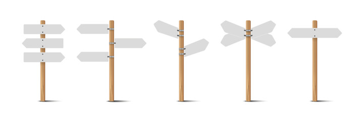 3D Wooden Road Sign and Traffic Sign Post Set: Realistic Blank Signboards, Plywood Pointers, and Timber Directional Signs on White Background. Vector Illustrations.