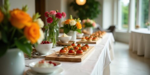 Elegant Appetizer Display on a Table with Vibrant Floral Arrangements and Delicate Desserts