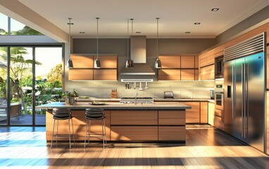 Luxury chefâ???s kitchen with state-of-the-art appliances, a spacious island, and elegant modern finishes