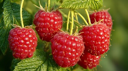 Ripe red raspberries growing on a branch, close up view