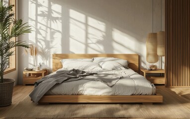 Japandi-style bedroom with a low wooden bed, linen bedding, and earthy tones, blending Japanese minimalism with Scandinavian warmth