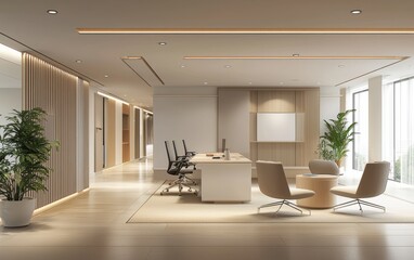 Minimalist office space with a neutral color palette, sleek furniture, and modern lighting, enhancing focus and efficiency