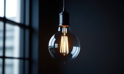 Vintage edison bulb glowing in dimly lit room near large window