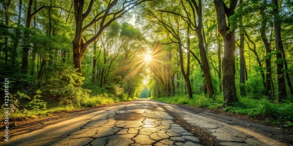 Poster a sunlit path through a lush forest, the rays of dawn illuminating the cracked asphalt road, creatin