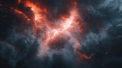 Fototapeta premium Bright white lightning flash piercing through menacing storm clouds, showcasing the sheer force and energy of nature’s electrical storm