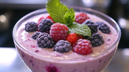 A delicious and healthy dessert featuring layers of creamy yogurt, fresh fruit toppings, and a sprig of mint for garnish.