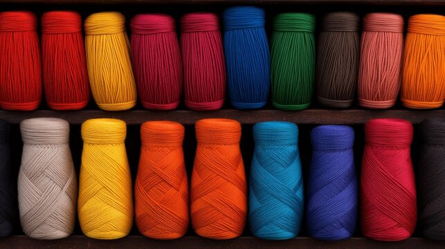 Rainbow of Threads: A vibrant collection of colorful thread spools, neatly arranged in two rows, showcases a dazzling array of hues, perfect for crafting and design inspiration.