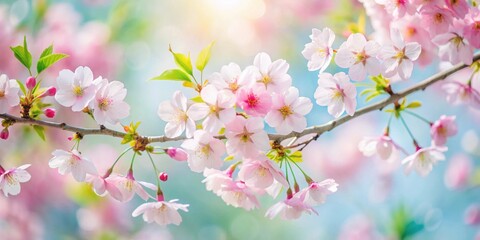 Obraz premium Delicate pink blossoms on a branch, bathed in soft sunlight, with a bokeh background of pastel hues.
