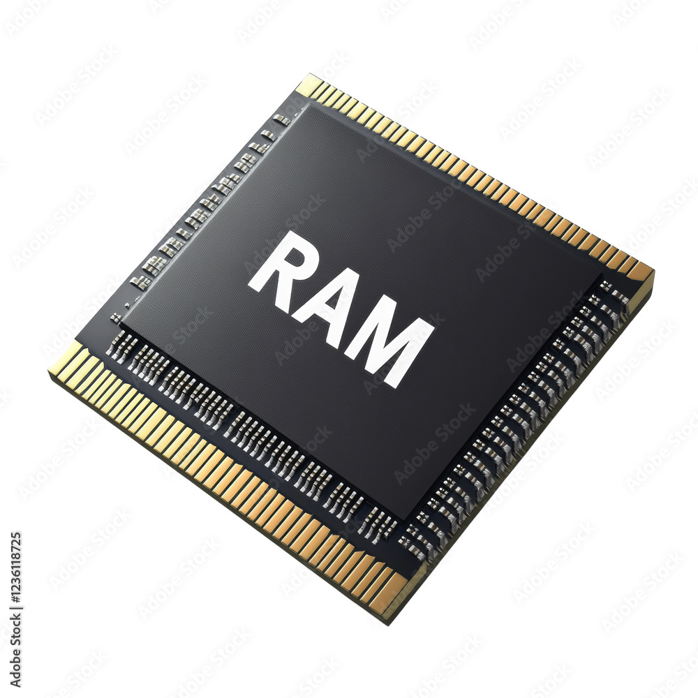 Poster the image shows a close-up view of a single black ram chip, featuring gold connectors along its edge