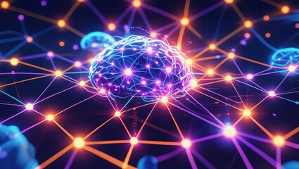 Fototapeta premium Abstract image of a complex neural network brain in motion. Interconnected nodes and glowing lines forming a dynamic web of intelligence and connections.