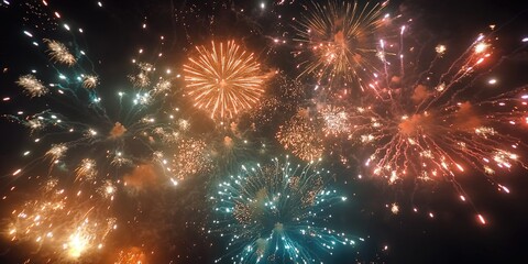 Fototapeta premium A lively fireworks display lighting up the evening sky in an urban setting, with a crowd gathered to celebrate.