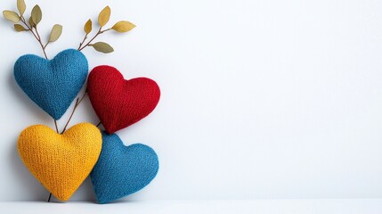 Fototapeta premium Three Textured Hearts With Dried Leaves On White Background