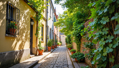 Fototapeta premium Charming cobblestone alley adorned with shamrock clovers, urban tranquility