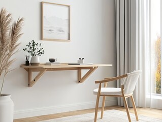 Minimalist wooden wall-mounted desk with chair and natural decoration, creates cozy workspace
