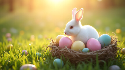 Fototapeta premium Adorable White Easter Bunny Resting in a Nest of Lush Green Grass, Surrounded by Brightly Colored Eggs Under the Warm Spring Sun