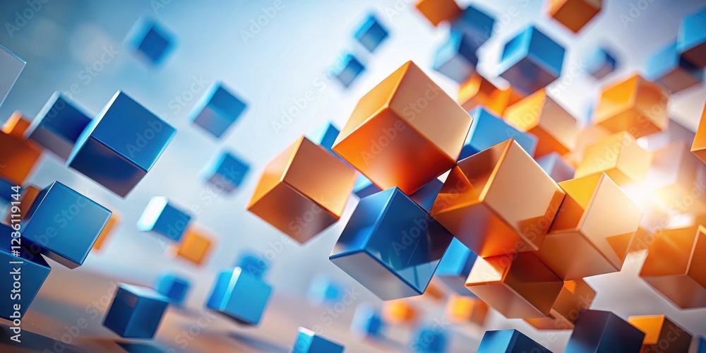 Poster abstract composition of interlocking cubes in vibrant hues of blue and orange