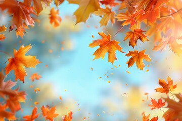 Orange fall leaves in park, autumn natural background. Neural network ai generated
