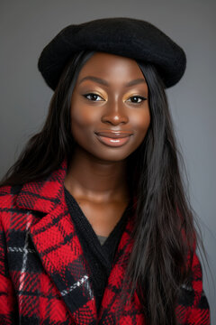 African American woman student with long hair, wearing a black beret and red plaid jacket, smiling at the camera. She has brown eyes and is posing for her yearbook picture in front of grey backdrop.