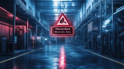Industrial safety concept. A warning symbol indicating "Hazardous Materials Area" access in a warehouse, emphasizing protocols and the significance of safety regulations in dangerous zones
