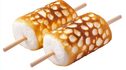 Toasted Marshmallows on Skewers Close up of Two Cylindrical Brown and White Treats