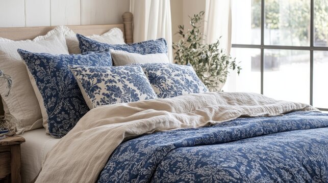 A Cozy Bedroom Scene Featuring A Bed Dressed In Blue And Beige Linen Bedding With Patterned Pillows. Natural Light Streams In From A Large Window, Creating A Serene And Inviting Atmosphere. - Powered by Adobe