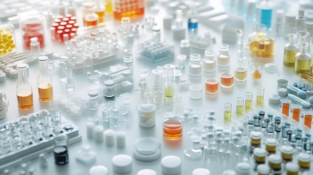 Pharmaceutical research concept. A collection of chemical reagents and biological samples on a sterile white surface, showcasing advanced forensic tools for health and medical science