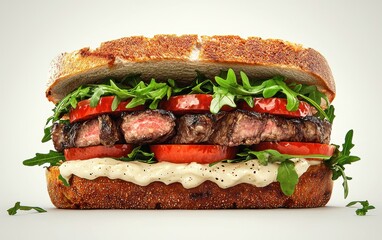 Juicy steak sandwich with arugula, tomatoes, and garlic aioli