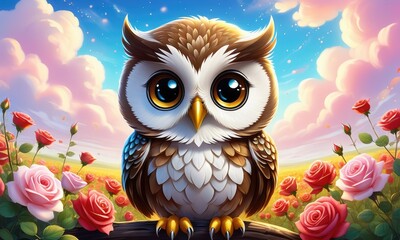 Whimsical owl with big eyes surrounded by roses under a magical sky