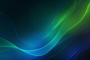Flowing green and blue waves on dark background. Neural network AI generated